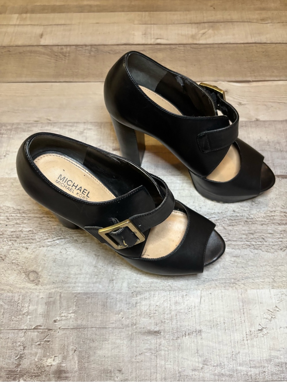 Michael Kors Black Peep-Toe Mary Jane Heels with Gold Buckle